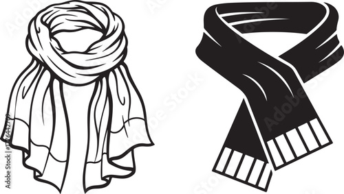 Stylized Vector Scarf Designs: Draped Outline and Tied Solid Silhouettes