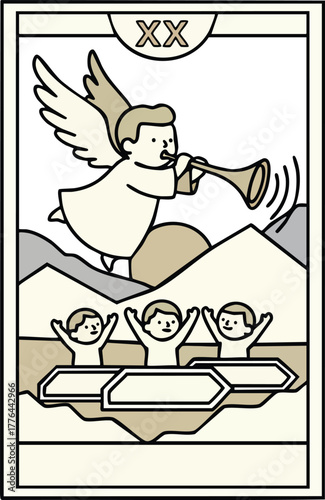 Cute Chibi Tarot Card Vector Depiction of The Judgment Major Arcana Featuring Angel Character Blowing a Trumpet and Symbolizing Awakening and Renewal in Adorable Cartoon Illustration Style