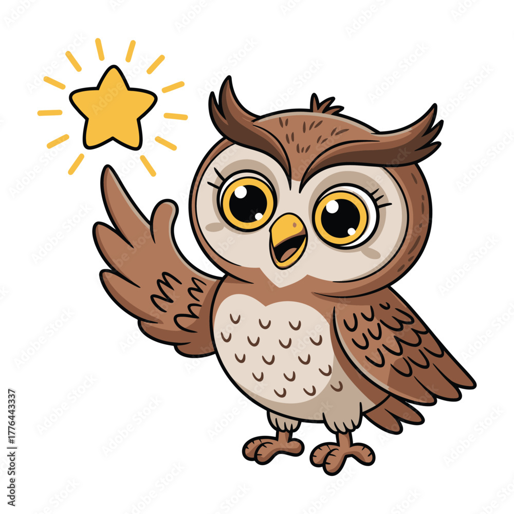 Fototapeta premium A cute cartoon owl is holding a shiny star.