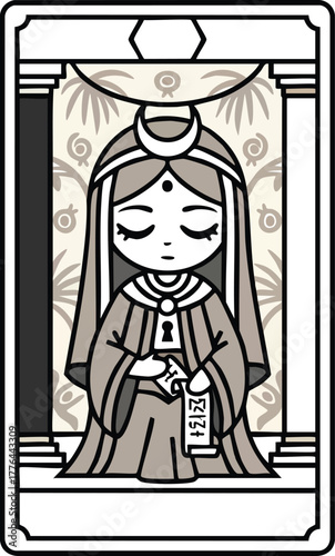 Adorable Chibi Tarot Card Vector Depicting The High Priestess Major Arcana with Mystical Character Holding a Scroll Symbolizing Intuition Wisdom and Secrets in Magical Cute Cartoon Illustration Style