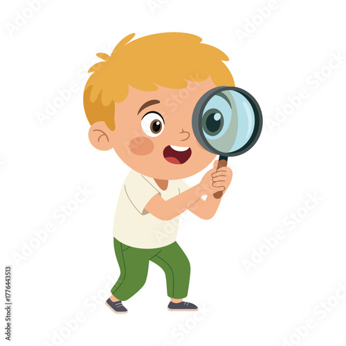 A young boy with blond hair looks through a magnifying glass with curiosity.