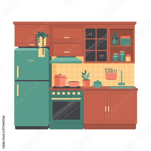 A colorful illustration of a kitchen with a refrigerator, stove, sink, and cabinets.
