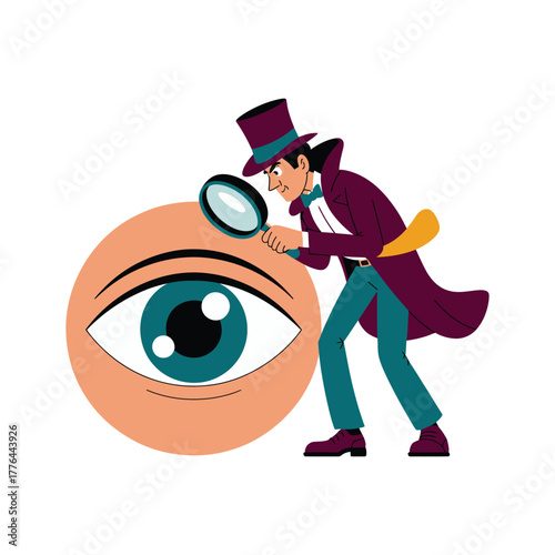 A detective in a top hat examines a giant eye with a magnifying glass