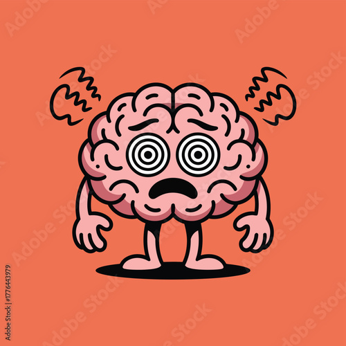 A cartoon brain character looks stressed and overwhelmed with dizzy eyes and wavy lines emanating from its head.