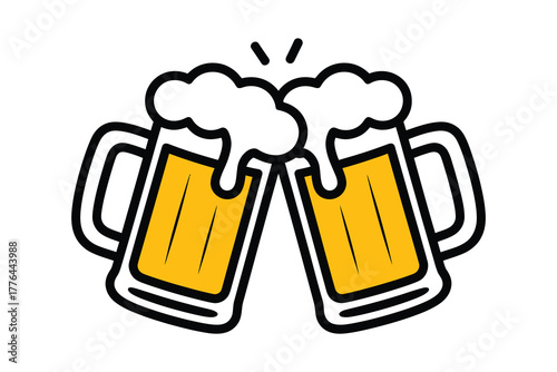 Two Beer Mugs Clinking Color Vector Illustration Cheers Toast Design