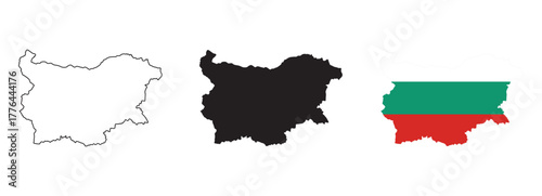 Bulgaria map vector set with editable country outline black silhouette and national flag design featuring white green and red horizontal stripes isolated on white for geography travel and education