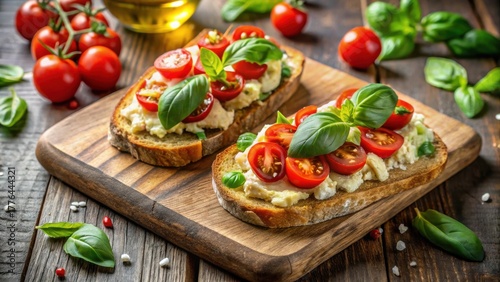 Delicious Creamy Cheese Bruschetta Topped with Fresh Tomatoes and Basil on Rustic Wooden Board