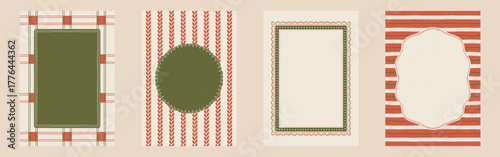 Set of 4 decorative hand-drawn holiday retro frames and borders in a whimsical sketch style for Christmas cards, invitations, and festive projects, vector illustration.