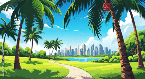 Sunny tropical park illustration lush green lawns, majestic palm trees, serene lake, and modern city skyline in the bright distance