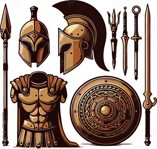 Vintage Spartan Armor and Weapon Set Vector Illustration – Greek Hoplite Helmet, Shield, Spear, Sword, Dory, and Xiphos Collection