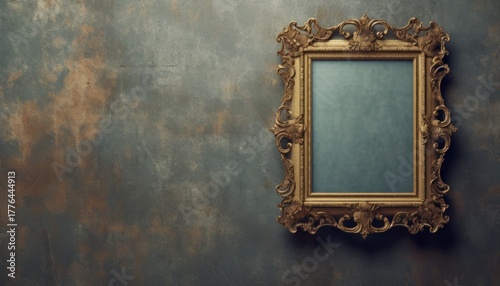 Vintage openwork bronze metal frame on a old wall background