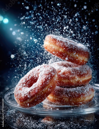 Stacked donuts dusted with powdered sugar, in mid-air, on a plate