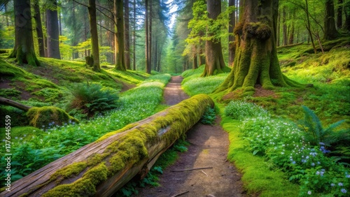 Serene woodland path, moss-covered log, spring wildflowers, sunlight dappling through ancient trees, vibrant green foliage, tranquil forest scene