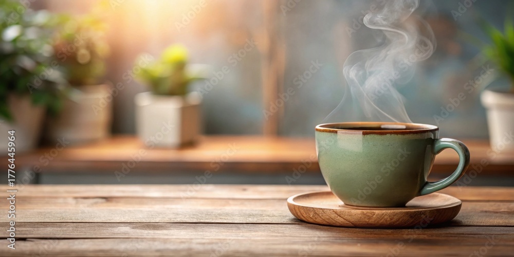 Fototapeta premium Warm beverage in a rustic setting, a steaming cup of comfort on a wooden table with blurred background plants