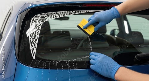 Applying a decorative vinyl decal to the rear window of a blue car with a squeegee tool