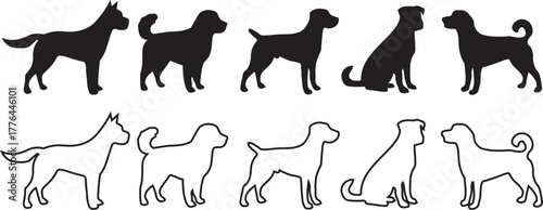 Dog Silhouette and Outline Set, Different Dog Breeds Poses Pop Up Vector Collection