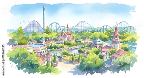 Watercolor Amusement Park Landscape with Roller Coasters and Castles