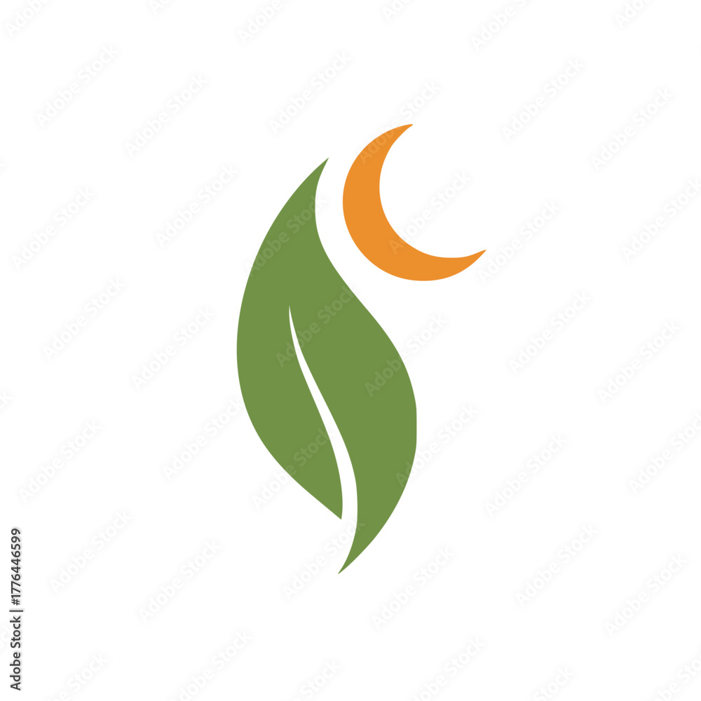 Obraz premium Green leaf with crescent moon symbol for nature and wellness, creating a serene and balanced icon