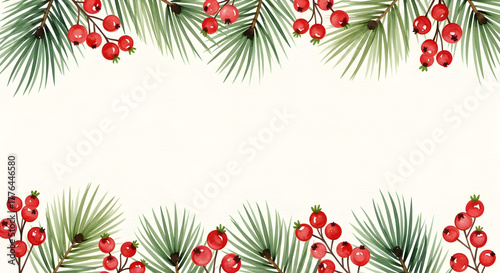 Watercolor Pine Branches and Holly Berries Border Keywords: christmas, border, pine, branches