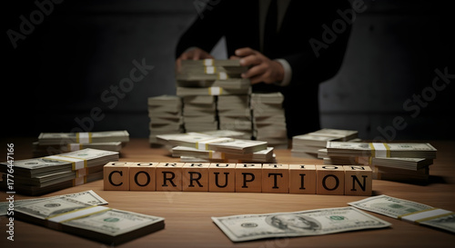 Corruption concept shown with stacks of money and wooden blocks spelling out the word, symbolizing illegal activities and financial dishonesty in business