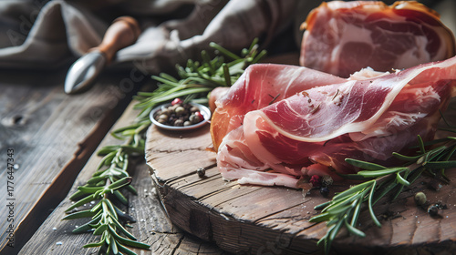 Commercial photography style, red and white Italian Parma ham cut, smoked and baked skin, wooden cutting board with clear texture, silver tableware with fresh rosemary, warm natural light, simple back
