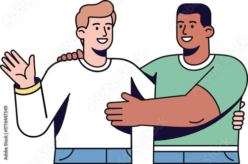 Illustration of two men standing together with one man's arm around the other, conveying friendship and support on a plain white background.