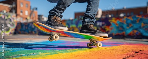 A skateboarder performs tricks on a colorful street art backdrop, showcasing vibrant graffiti and a lively urban atmosphere.