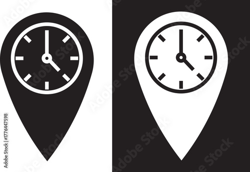 Real time location icon in flat black solid vector set .logo in stroke lines collection