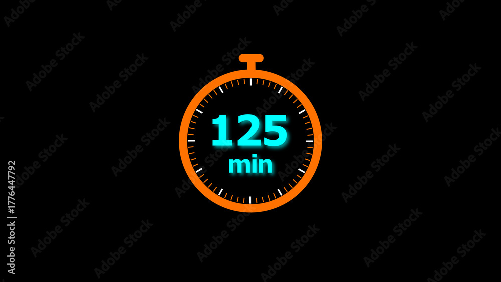 Naklejka premium 125 minutes timer clock icon 4k illustration on a black background. and creating a stunning illustration.4k illustration