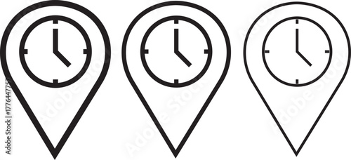 Real time location icon in flat black solid vector set .logo in stroke lines collection
