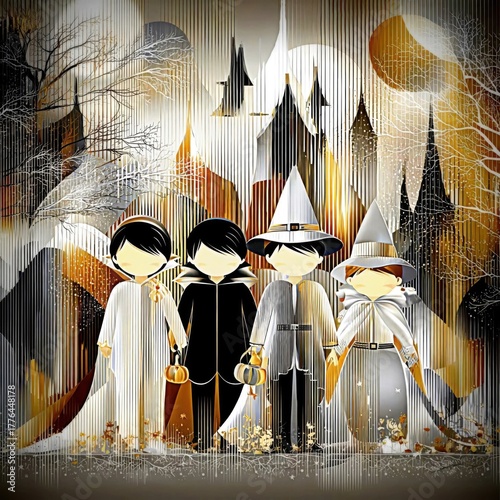  Four Halloween Witches With Glowing Pumpkins in Forest With Fallen Leaves.jpg