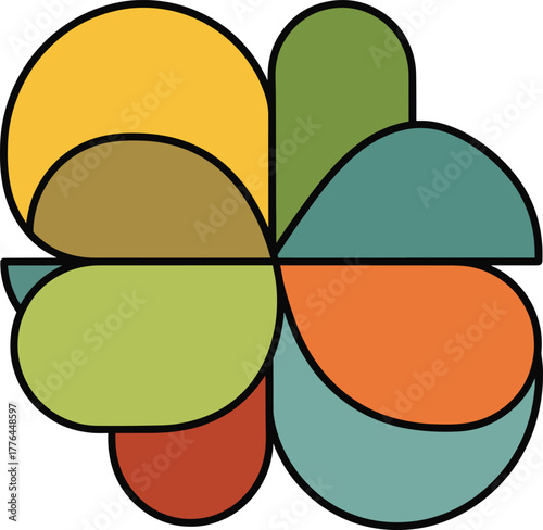A colorful abstract graphic design composed of six overlapping rounded shapes in yellow, green, orange, and red hues on a white background.