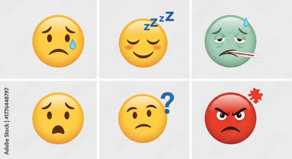 Fototapeta premium Emotional Face Icons Set – Sad, Sick, Worried, Confused & Angry Expressions