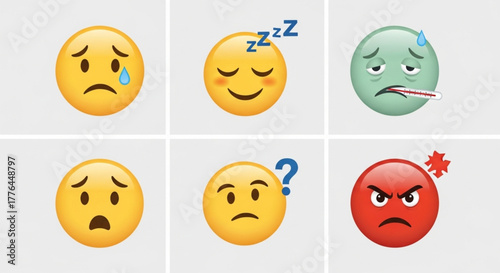 Emotional Face Icons Set – Sad, Sick, Worried, Confused & Angry Expressions