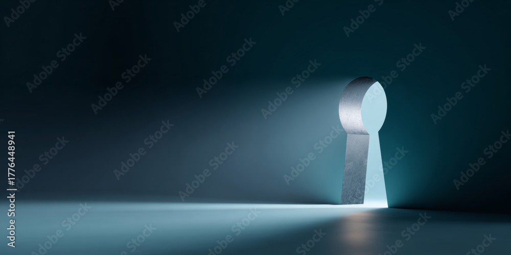 Fototapeta premium A keyhole with a beam of light shining through it, suggesting unlocking or discovery. The background is dark blue and the overall tone is cool