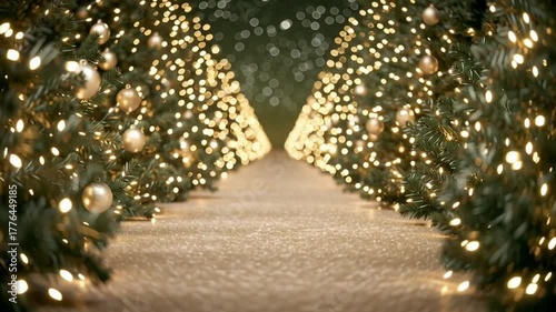 Video of Christmas tree market at night with rows of fir and pine trees in golden garland lights