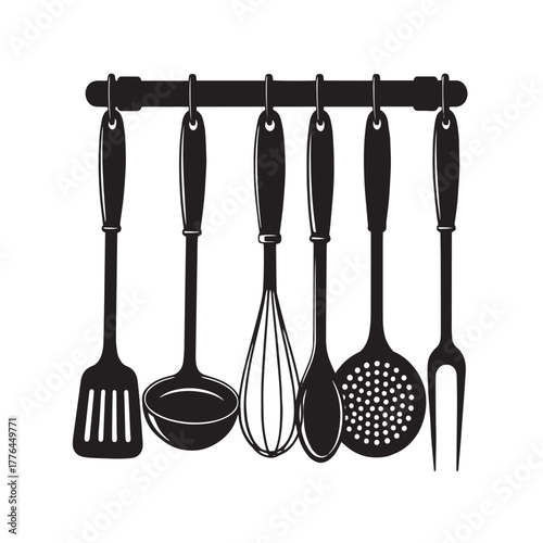  Black utensil silhouettes for dining. Fork, knife, and spoon vector icons. Kitchenware and tableware collection for  home dining concept.
