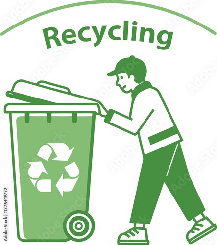 Person pushing green recycling bin with text 'recycling' above