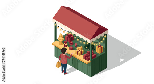 Isometric christmas market stall with gifts and festive decorations