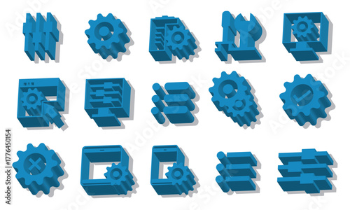 3D Blue Settings and Configuration Icons Set. Gear, Adjustments, and Tools Pop Up Vector Illustration