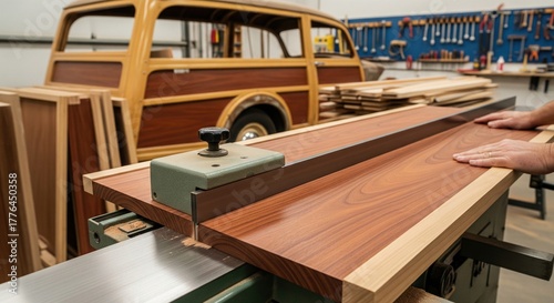 Carpenter working on a wooden panel on a table saw in a workshop with a vintage woody car