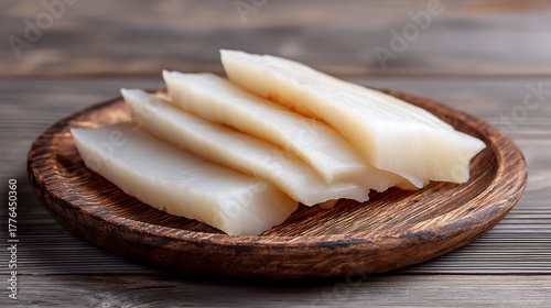 Slices of thinly sliced lard on a wooden board.