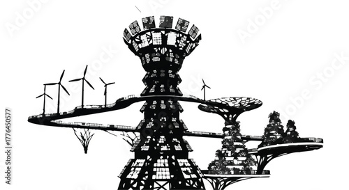Futuristic eco-friendly city with wind turbines and innovative architecture