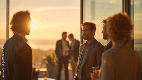 A group of men converse at sunset while enjoying drinks in a modern setting. The men gather while sharing ideas, creating a lively atmosphere with the warm sunset glow.
