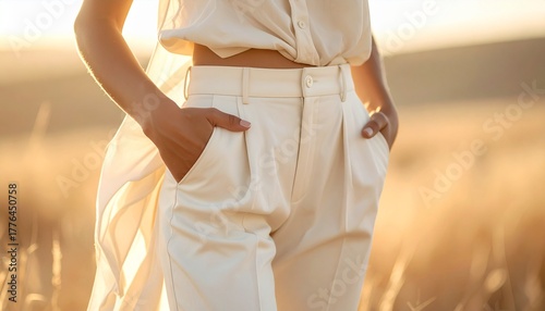 Woman in stylish beige trousers facing sunlight in wheat field