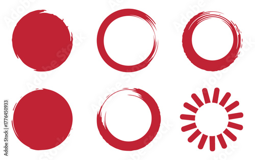  Collection of six red grunge brush stroke circles and oval shapes on a white background