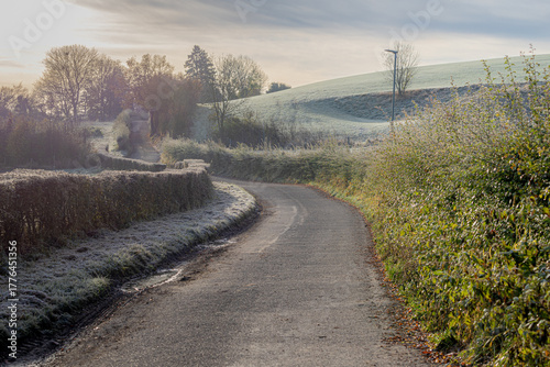 Autumn landscape, Slope green grass field with mist, fog and sunlight in the morning, Gulpen-Wittem and region villages in southern, Terrain hilly countryside in Dutch province of Limburg, Netherlands