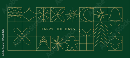 Happy Holidays greeting card, gold geometric line background