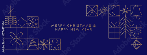 Christmas banner, gold holidays frame, geometric decorations