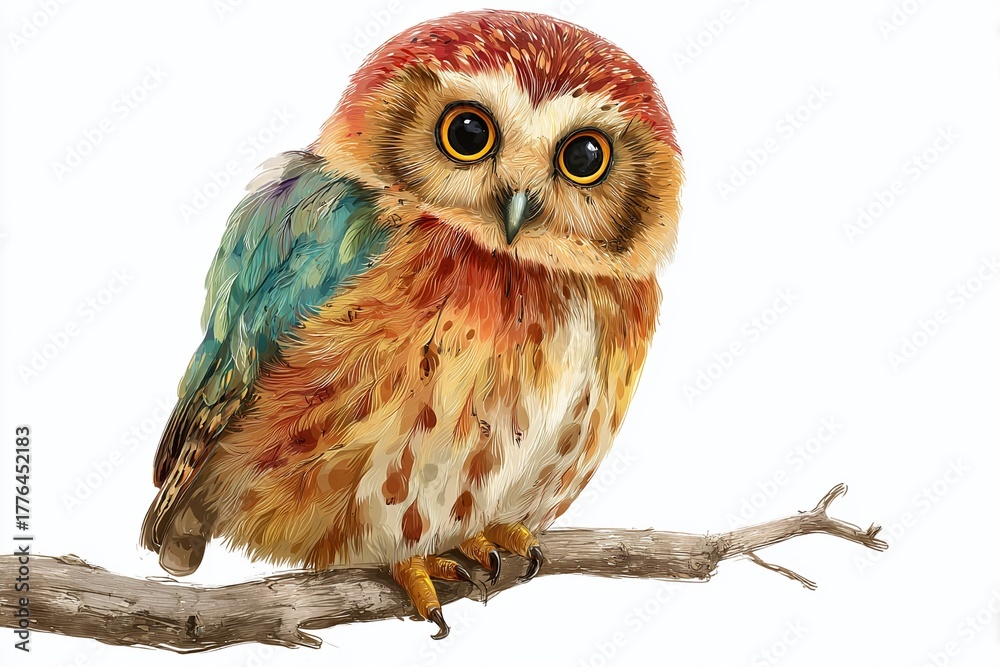 Fototapeta premium Charming Owl Illustration: A colorful and cute illustration of an owl, perching gracefully on a branch, inviting you into a world of whimsical wonder.
